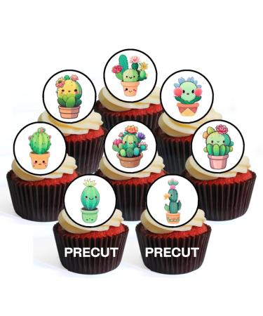 PRECUT Kawaii Cactus Edible Cupcake Toppers - Cute Kawaii Cactus Theme Premium Thickness SWEETENED VANILLA - wafer card disc cake decorations (Pack of 24)