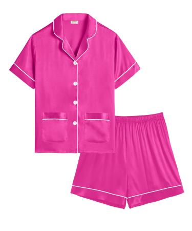 SWOMOG Kids Satin Pyjamas Sets Girls Boys Button-Down Pjs Short Sleeve Silk Nightwear 2 Piece Lounge Sets 6-7 Years Rose Red