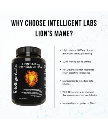 Lion s Mane Mushroom Capsules by Intelligent Labs Extracted from The Fruiting Bodies of Hericium Erinaceus Minimum 25% Beta Glucans No Grain Fillers 2-Month Supply - Buy Online on SooperMarket.com