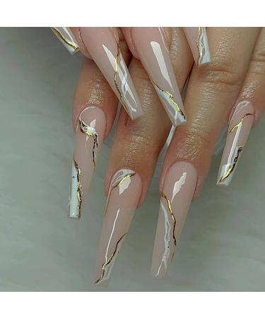 Luvadeyo 24 PCs Press On Nails Medium Fake Nails With Nail Glue White French and Swirl False Nails With Designs Acrylic Nails Glue on Nails for Women The Pink Wave
