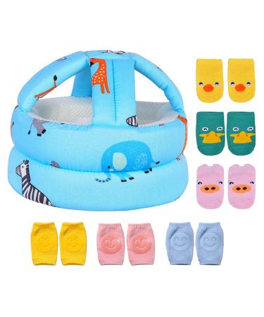 Umtiti Baby Adjustable Safety Helmet Lightweight and Soft Infant Head Protector with 3 Pairs Baby Knee Pads for Crawling & 3 Pairs Baby Socks Soft Head Guard for Baby Learning to Walk. Zoo Blue+6