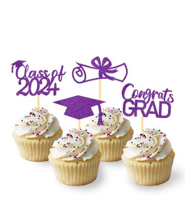 2024 Graduation Theme Cupcake Toppers Glitter Class of 2024 Graduation Cap Diploma Cupcake Picks - Set of 24 (Purple)
