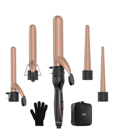 DAN Technology 5 in 1 Curling Iron Curling Wand Set Dual Voltage Hair Curler with 5 Interchangeable Ceramic Barrels (0.35'' to 1.25'') 2 Heat Settings Curling Tongs with Heat Protective Glove Adjustable Temperature 350 or 410 Rose Gold