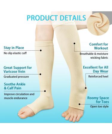 ACWOO Compression Stockings for Women & Men - 2 Pairs of Medical Support Socks (15-20 mmHg) - Open Toe Black & Beige Thrombosis Socks for Running Sports Flight & Cycling - Buy Online on SooperMarket.com