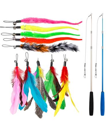 12 PCS Feather Teaser Cat Toy 2 Pcs Retractable Interactive Cat Teaser Rods 10 Pcs Replacement Colorful Feather Refills with Bells Feather Dangler Funny Exercise for Indoor Cat Kitten Catcher