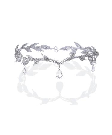 BABEYOND Elegant Rhinestone Leaf Wedding Bridal Bridesmaid Forehead Band Dangle Rhinestone Bridal Tiara Crown with Gift Box   Silver  One size