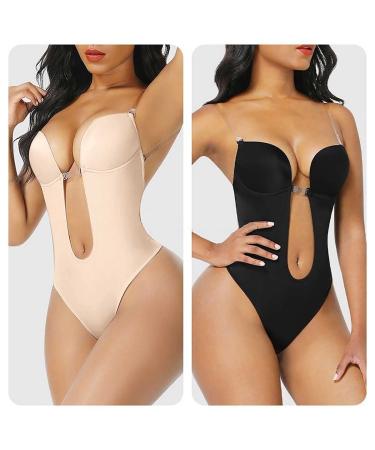 evzosrz Women's Backless Shapewear Bodysuit U Plunge Backless Body Shaper Bra Seamless Thong Body Shaper for Low Back Dress Beige 2XL-Large
