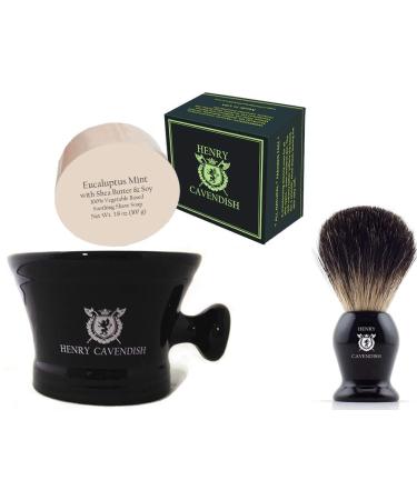 Henry Cavendish Eucalyptus Mint Shave Kit with - Shaving Soap Long Lasting 3.8 oz Puck Refill plus Ceramic Shaving Soap Bowl plus Gentleman's 100% Pure Badger Hair Shaving Brush.