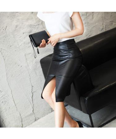 Sanahy Women's High Waisted Faux Leather Pencil Skirt with Split Detail - Black | Slim Fit Midi Hip Skirt | 5XL - Buy Online on SooperMarket.com
