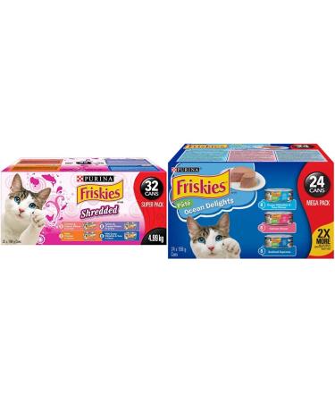 Friskies Purina Shredded Super Pack Cans + Purina Friskies Ocean Delights Cat Food Variety Pack Shredded Cat Food + Ocean Delights Cat Food