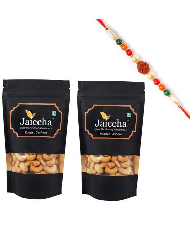 Jaiccha Ghasitaram Rakhi Gifts for Brothers Rakhi Dryfruits - Roasted Salted Cashews 400 GMS in Black Paper Pouch with Rudraksh Rakhi