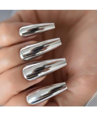 Silver Punk Metallic Press On False Nails - Long Coffin Ballerina Chrome Mirror Fake Nails - Full Cover Acrylic Nail Tips with Glue Tape - Women/Girls - L5883-1 - Buy Online on SooperMarket.com