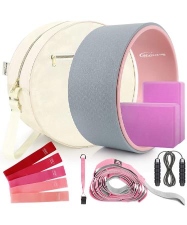 Yoga Wheel Set (11-in-1) Yoga Wheel Back Wheel for Back Pain Yoga Blocks 2 Pack with Strap Resistance Bands Yoga Wheel Bag Jump Rope Perfect Yoga Accessory for Stretching and Improving Backbends Gray