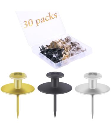 30 PCS Push Pins Picture Hanger Hooks, Double Headed Nails Push Pin Thumbtacks for Wall Hangings Picture, Decorative Small Hook Pins for Drywall Cork Board Home Office Photo Decorations Gold, Silver, Black
