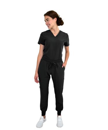 Green Town Women's Tuck-In Top/Jogger Scrub Set Medical Nursing GT 4FLEX Top and Pant Medium Black