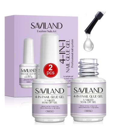 Saviland 2pcs 15ML Nail Glue Gel Set, Super Strong 4-in-1 Gel Nail Glue, Nail Glue for Fake Nails&Press on Nails, Gel Base Strengthen for Nails, Slip Solution for Poly Gel, Nail Repair Treatment 15ml*2 nail glue gel