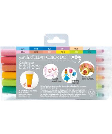 Kuretake ZIG Clean Color DOT markers, 12 colors set, Dual tip, for Bullet Journals, Crafts, Illustration, Lettering 0.5mm fine tip on one end and a Flexible dot tip, AP-Certified, Made in Japan 12 Count (Pack of 1)
