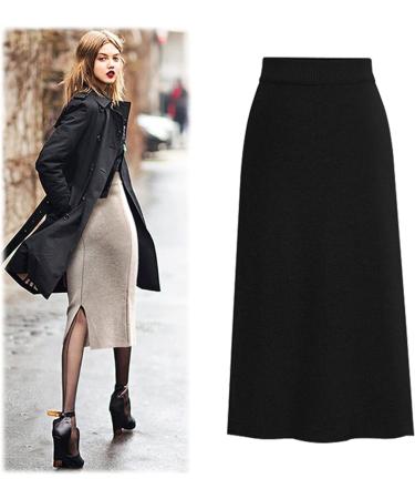 Sanahy Women's Basic Ribbed Knit Midi Skirt - Black | Stretchy High Waist Pencil Skirt - Buy Online on SooperMarket.com