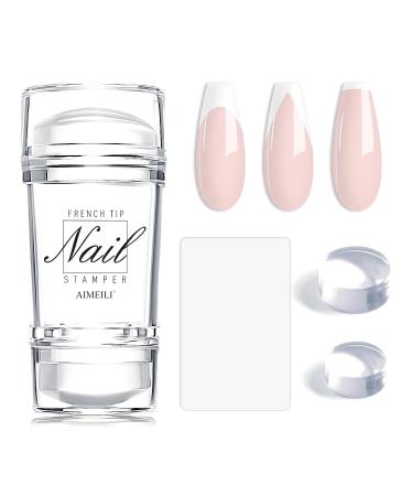 AIMEILI French Tip Nail Stamp - 4PCS Nail Art Stamper Kit Clear Nail Stamper Silicone Nail Stamping Double-headed Jelly Stamper for Nails with Scrapers for French Manicure Home DIY Nail Salon
