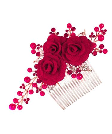 PLAFOPE Rose Hair Comb Hair Jewelry Comb Female Insert Comb Bridesmaid Hair Comb Rose Head Decor Hair Comb Clip Wedding Hair Comb Wedding Ceremony Decorations Hair Accessories Red Cloth