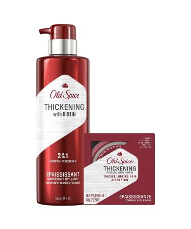 Old Spice Men's Thickening 2-in-1 Shampoo and Conditioner with Biotin and Menthol (17.9 Fl Oz) & Thickening Styling Pomade Infused with Biotin Bundle (2.22 Oz) OS Thick eComm pack