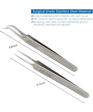 Feita Precision Eyelash Tweezers Set - Professional Straight & Curved Tweezers for Eyelash Extensions - Fine Tip - Silver - 2 Pack - Buy Online on SooperMarket.com