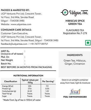 Udyan Tea Hibiscus Spice Green Tea - 100 g (40 Cups) | Supports Heart Health Regulates Blood Pressure Boosts Energy | Stress Relief and Relaxation Blend - Buy Online on SooperMarket.com