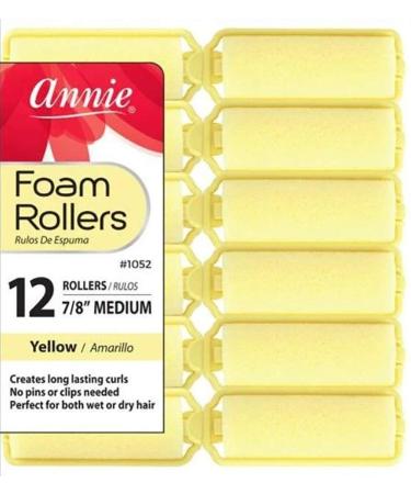 Annie Salon Style Medium Foam Hair Rollers - 7/8 Yellow - 12 Piece Set - Soft Heat-less Hair Curling Tools 12 Count (Pack of 1)