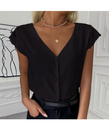 Women's Black V Neck Button Down Blouse with Lace Trim Backless Detail | Cap Sleeve Tunic Shirt - Buy Online on SooperMarket.com