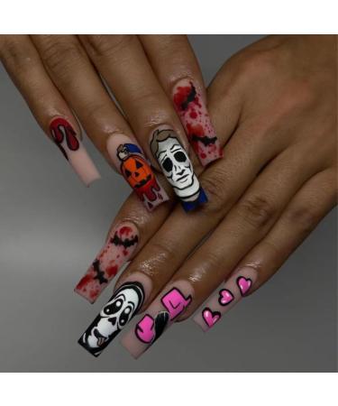 Halloween Press on Nails Extra Long Pumpkin Ghost Bat Fake Nails Matte Nude Coffin Full Cover False Nails with Adhesive Jelly Glue Horror Bloody Phone Design Artificial Stick on Nails for Women 24Pcs Style 2