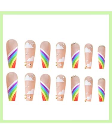 RUNRAYAY Rainbow French Long Fake Nail Press on False Nails with Charms - 24Pcs - Buy Online on SooperMarket.com