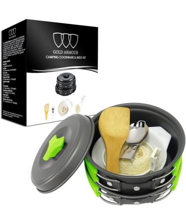 Gold Armour 10-Piece Camping Cookware Mess Kit - Lightweight & Durable Backpacking Gear for Hiking Outdoors - Compact Cookset with Pot, Pan, and Bowls - Green - Buy Online on SooperMarket.com