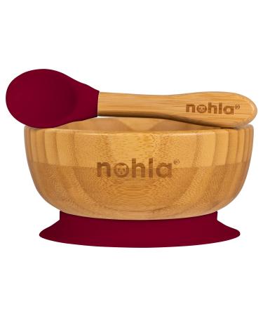 nohla - Bamboo Baby Weaning Suction Bowl and Spoon Set - Cherry - 350ml Capacity - 100% Natural & Organic BPA-Free Silicone - Toddler Mealtime Essentials Cherry Bowl