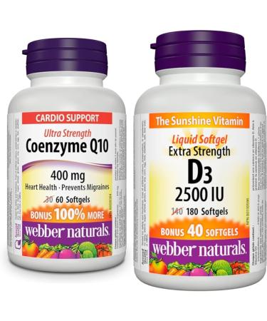 Webber Naturals Coenzyme Q10 (CoQ10) 400mg 60 Softgels & Vitamin D3 2500 IU Extra Strength 180 Softgels For Healthy Bones Teeth and Helps Prevent Vitamin D Deficiency