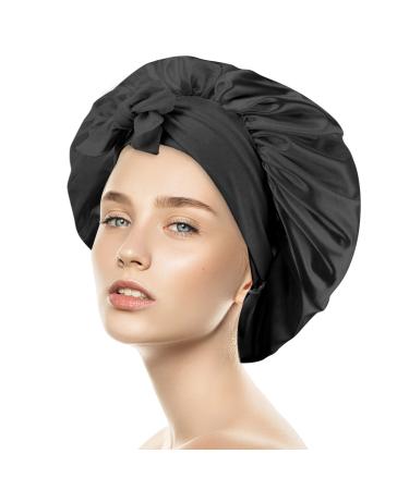 Satin Bonnet Satin Hair Bonnet for Sleeping Jumbo Size Hair Bonnets for Black Women Bonnets for Women with Tie Band Silk Hair Bonnet for Long Curly Hair (Black)