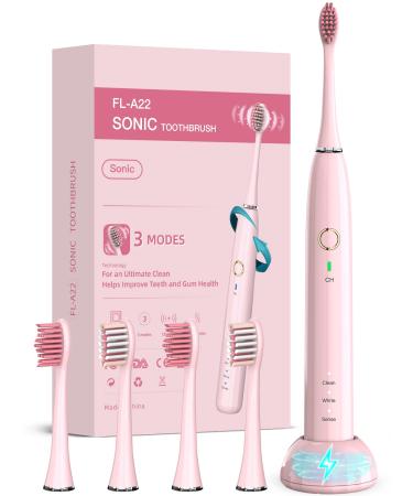 NBGRLVS Rechargeable Sonic Electric Toothbrush for Adults with 4 Brush Heads  3 Modes  2 Minute Smart Timer and Fast 6 Hour Charge - Perfect for Travel and Easy Dental Care (Pink)