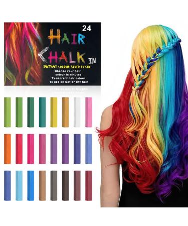 AOOWU 24 Colors Hair Chalk Temporary Hair Color Chalk for Girls Kids Safe Non-Toxic Washable Hair Dye Hair Chalk Pens Hair Color Dyeing Tool for Halloween Christmas New Year Party Cosplay 24 pcs