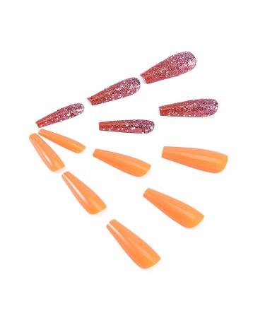 Brishow Long Coffin Fake Nails - Orange Acrylic Ballerina Stick-On Nails | 24PCs for Women & Girls - International Shipping - Buy Online on SooperMarket.com