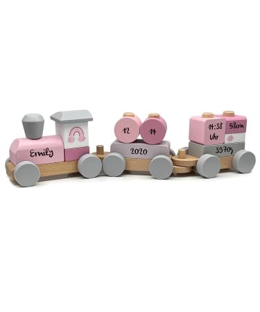 Personalized railway in pink i gift for birth for girls i printed i wooden train with names & dates I personalizable baby gifts