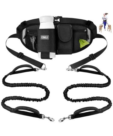ETACCU Hands Free Dog Lead for 2 Dogs with Heavy-Duty Traffic Handle Bungees Dual Dog Leads Adjustable Waist Belt with Pouch Reflective Stitches for Running Walking & Jogging black f r 2 Hunde
