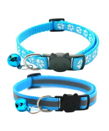 Hepplly 2-Pack Cat Collars Quick Release Reflective Kitten Collar with Bell (Light Blue)