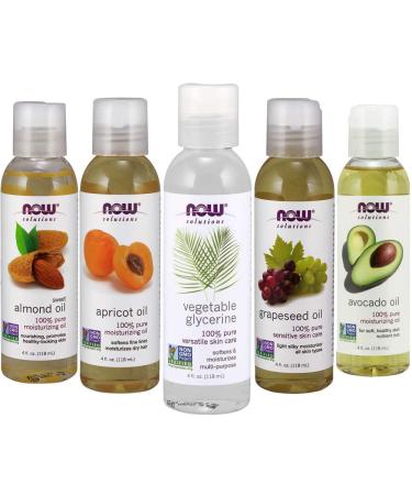 New Now Foods Solutions 5 Pack - Carrier Oil Gift Set: Almond Oil - Grapeseed Oil - Avocado Oil - Apricot Oil - Vegetable Glycerine Oil 100% Natural Moisturizing Massage 4 Oz