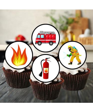 PRECUT Fire Engine Cupcake Toppers Fire Service Edible Cake Decorations Edible Fireman Decorations Fire Engine Cupcake Toppers Fire Cake Toppers (Pack of 24)