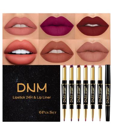 6Pcs Lip Liner and Lipstick Set, DNM Chestnut Nude Dark Red Matte Matt Mat Pens Lipstick 24H and with Lip Liner Makeup Set for Black Mature Women Long Lasting labiales mate 24 horas originales A01 6 Count (Pack of 1) Set-A01