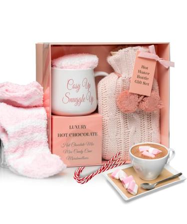 Hot Chocolate Mug Gift Set with hot Water Bottle Mini Marshmallows and Christmas Candy Cane - Cosy hot Water Bottle and hot Chocolate Gift Set - Gift Set for Women Teen Adults (Pink)