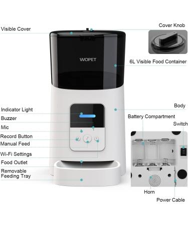WOPET Wi-Fi Enabled 6L Automatic Cat Feeder for Cats and Dogs - Smart Pet Feeder with Portion Control, Distribution Alarms, Voice Recorder - Up to 15 Meals per Day, White - Buy Online on SooperMarket.com