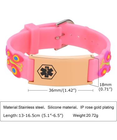 Customised Kids Safety ID Wristband | Personalised Medical Alert Bracelet for Boys and Girls | Pink Rose Gold Butterfly Design - Buy Online on SooperMarket.com