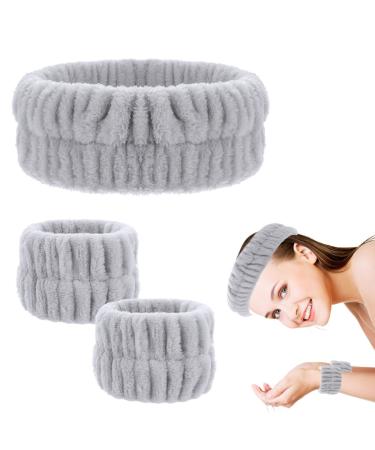 WLLHYF Spa Headband Wrist Washband Face Wash Set Facial Makeup Hair Band Microfiber Shower Head Wraps Adjustable Wrist Wash Bands Prevent Liquid from Arms Spilling for Women Girls (Grey)