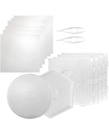 Faxco 6Pack 5mm Large Clear Plastic Fuse Beads Boards Bead Pegboards with 6 Ironing Paper and 2 White Beads Tweezers for DIY Craft Beads