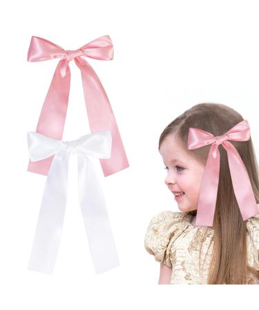 2 Pack Hair Bows for Girls and Women Large Bow Hair Clips Hair Barrette with Long Silky Satin Hair Accessories for Girls(White Pink)